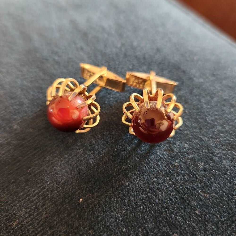 Cufflinks vintage gold tone red marble stone claw mens jewelry - Picture 3 of 5